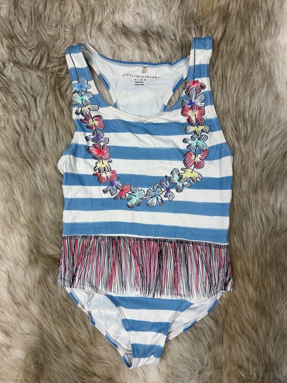 Stella McCartney Kids Tropical Striped Fringe Swimsuit Size 8